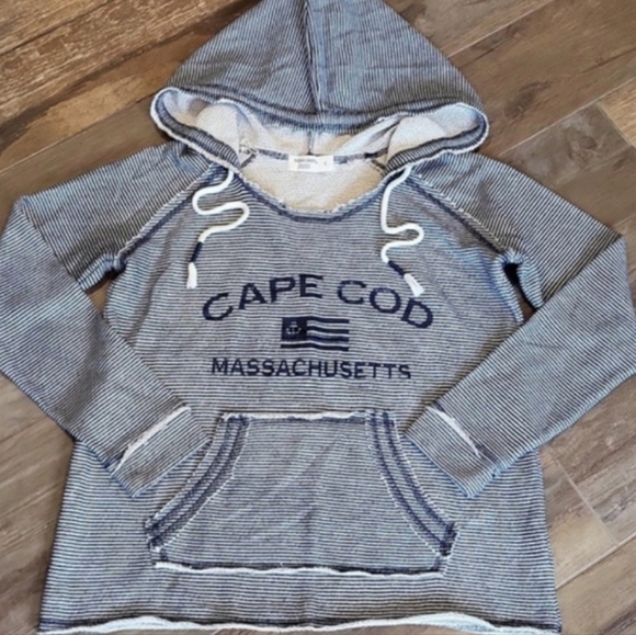 Cape Cod Massachusetts Navy Blue & Ivory Striped Lightweight Hoodie Pullover, S - Picture 1 of 7